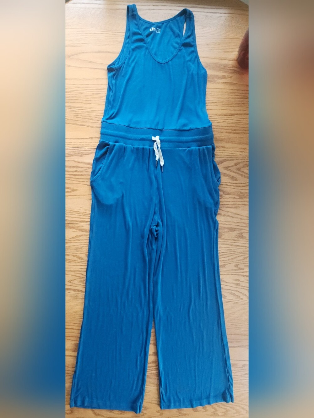 D30 Zyia Active Teal Blue ribbed knit scoopneck sleeveless one piece jumpsuit